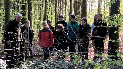 Jörg Hiller zeigt den Mädchen ein Weißtannen-Gatter