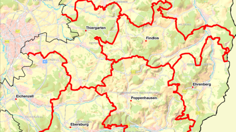 Eine topographische Karte mit rot eingezeichneten Reviergrenzen