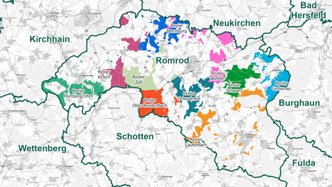 Reviergrenzen des Forstamt Romrod in unterschiedlichen Farben gekennzeichnet