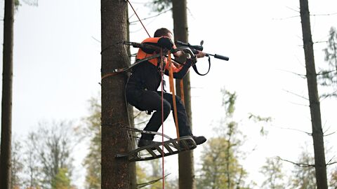 Ein Jäger im Klettersitz legt das Gewehr an