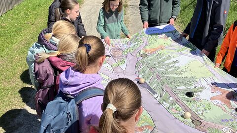 Kinder halten ein Tuch zum Thema Stockwerke des Waldes und spannen es auf. Sie betrachten die Illustrationen, die auf dem Tuch zu sehen sind. Mehrere Förster sind dabei. 