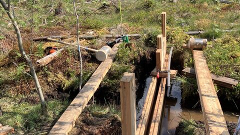 Eine Spundwand die in den Boden eingebracht wurde. Daneben liegt Werkzeug.