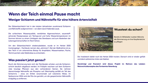 Abbildung mit Text und Bild zur Teichsömmerung am Götzenbachteich